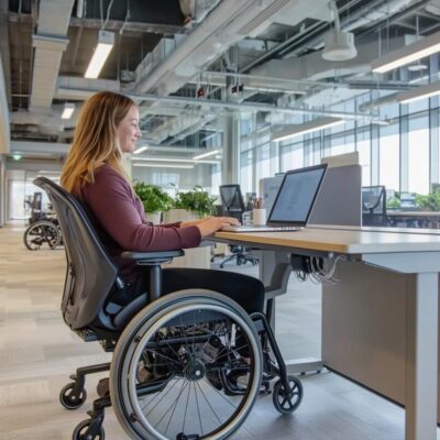 Osoba na wózku pracuje przy biurku z regulowanym stelażem do biurka w nowoczesnym biurze.