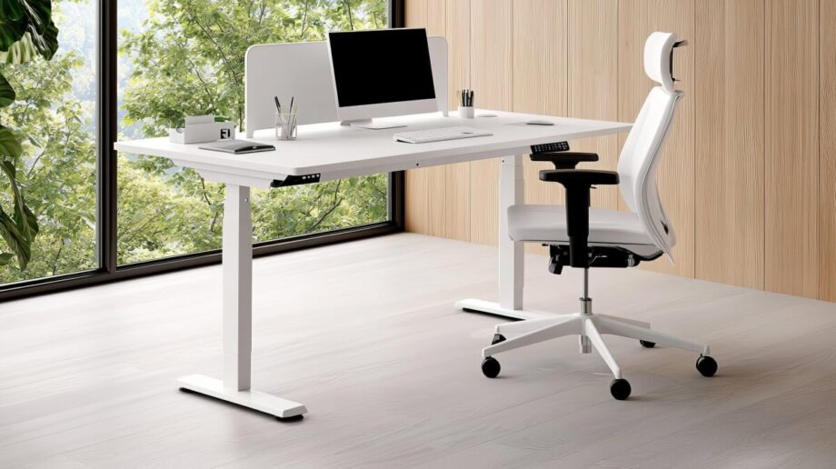 Nowoczesne biuro z biurkiem na składanym stelażu do stołu i ergonomicznym krzesłem.