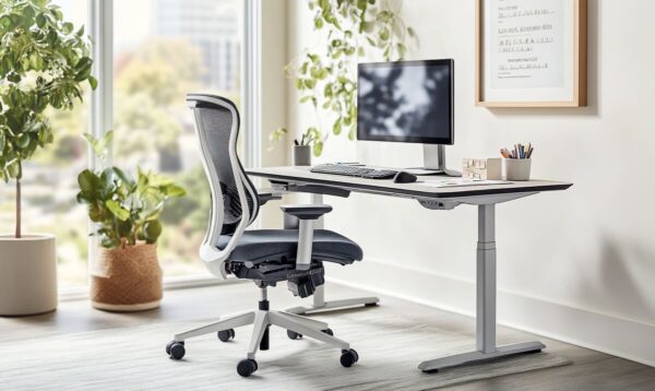 Biuro z ergonomicznym krzesłem i biurkiem na stelażu do stołu składanego.