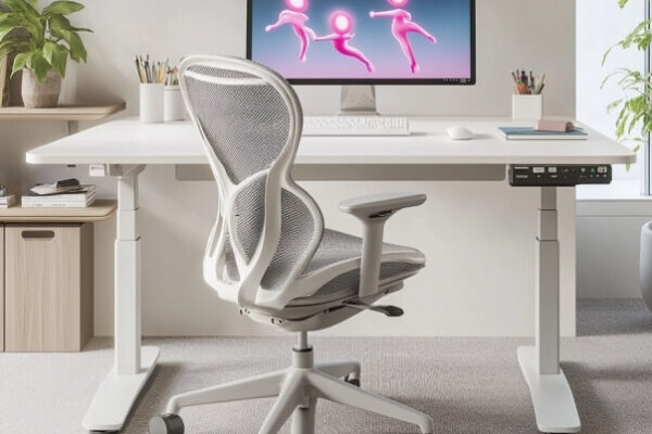 Biurko z komputerem i ergonomicznym krzesłem stoi na regulowanym stelażu do biurka.