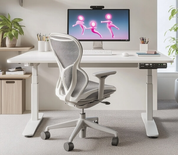 Biurko z komputerem i ergonomicznym krzesłem stoi na regulowanym stelażu do biurka.