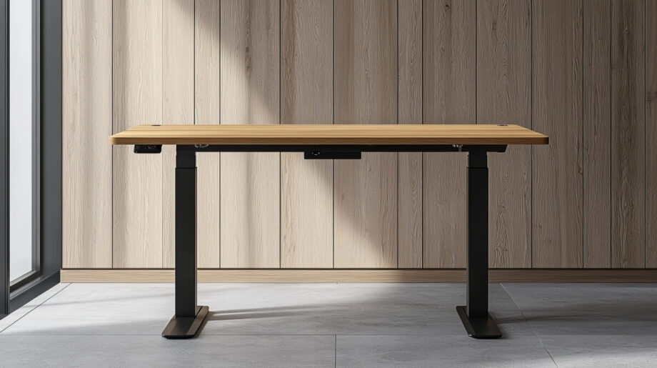 Drewniany stół stoi na metalowych nogach, w które wbudowany jest stelaż składany do stołu.