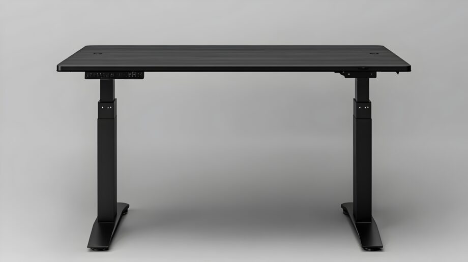 Stół z czarnym blatem posiada solidny metalowy stelaż do stołu.