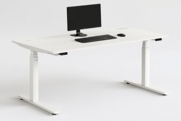 Biurko z monitorem, klawiaturą i myszką stoi na stelażu regulowanym elektrycznie.