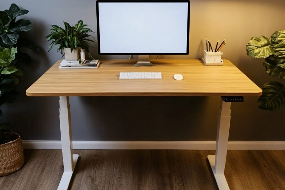 Nowoczesne biurko z monitorem, klawiaturą i myszką, które posiada stelaż regulowany elektrycznie.