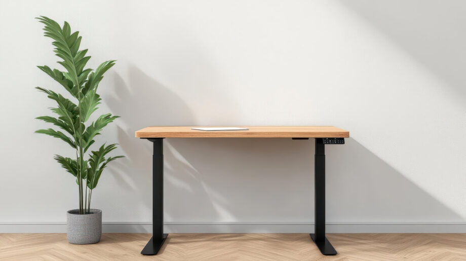 Drewniany blat wspiera się na czarnym, metalowym stelażu stołu obok zielonej rośliny.