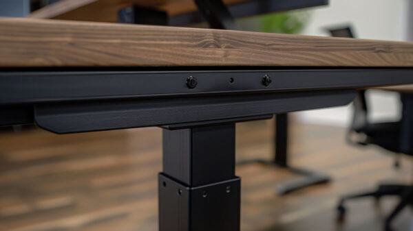 Stelaż składany do stołu podtrzymuje drewniany blat w biurze.