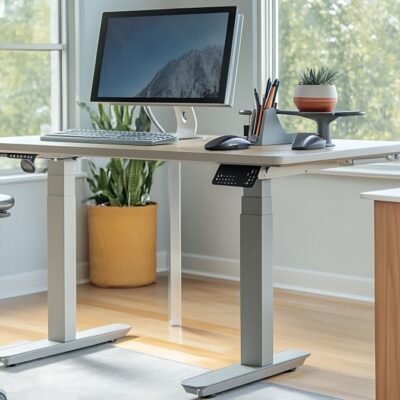 Biurko z monitorem komputerowym opiera się na solidnym metalowym stelażu do stołu.