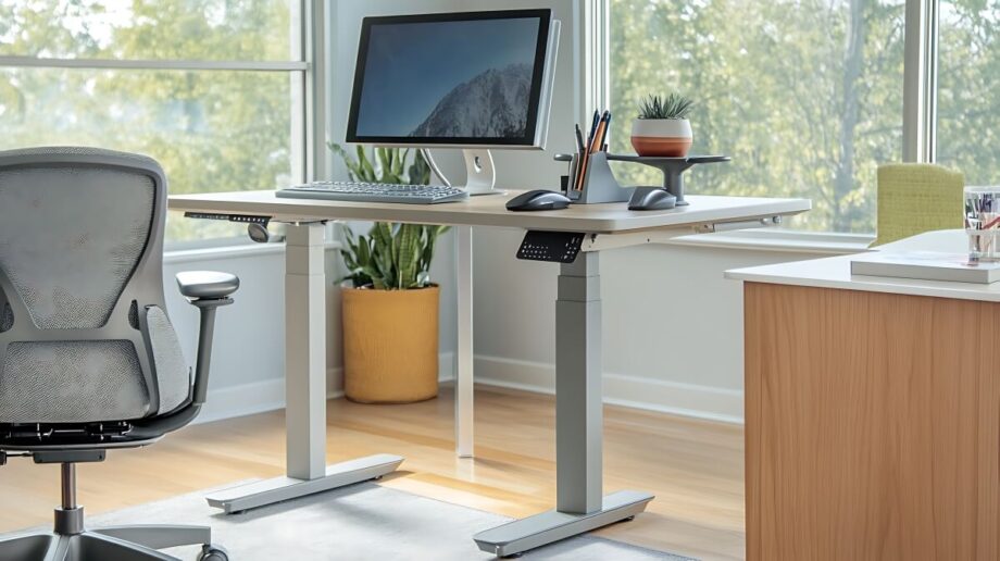 Biurko z monitorem komputerowym opiera się na solidnym metalowym stelażu do stołu.