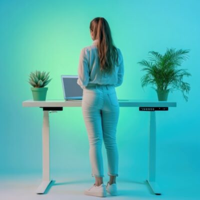 Osoba stoi przy biurku z roślinami, które podtrzymuje solidny stelaż biurka.