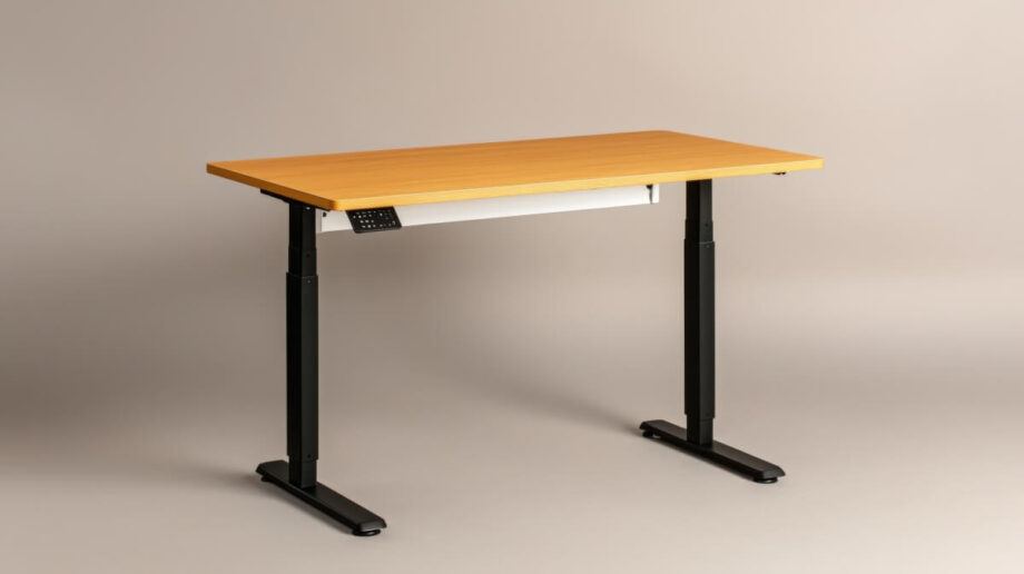 Biurko z blatem w kolorze jasnego drewna i stelażem biurka z regulacją wysokości.