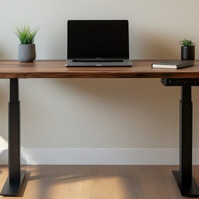 Biurko z laptopem i roślinami na blacie, z widocznym stelażem biurka regulowany.