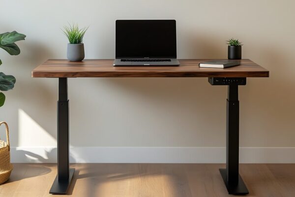 Biurko z laptopem i roślinami na blacie, z widocznym stelażem biurka regulowany.