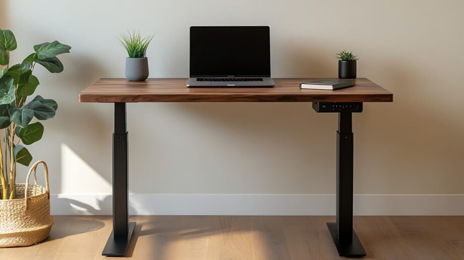 Biurko z laptopem i roślinami na blacie, z widocznym stelażem biurka regulowany.