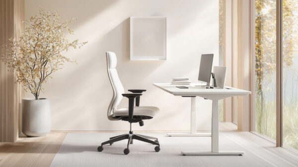 Minimalistyczne biuro z białym stelażem do biurka i nowoczesnym fotelem.