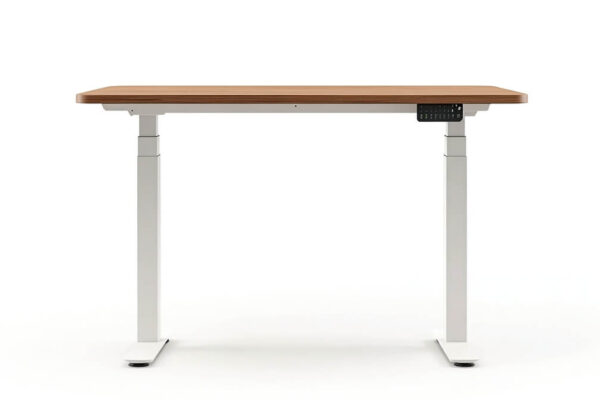 Biurko z drewnianym blatem na stelażu metalowym do stołu.