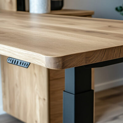 Drewniany blat zamocowany jest na czarnym stelażu do stołu składanego w nowoczesnym wnętrzu.