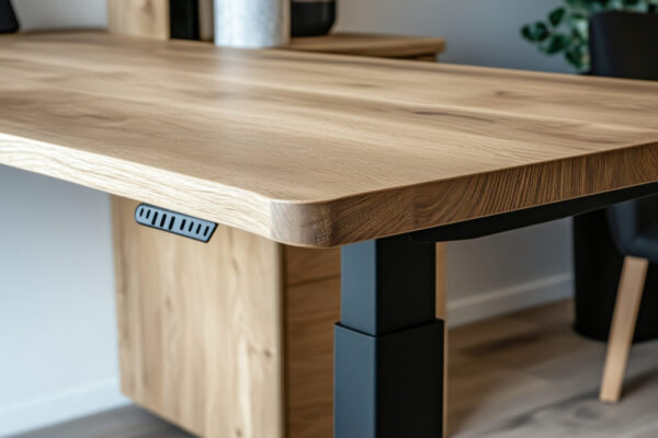 Drewniany blat zamocowany jest na czarnym stelażu do stołu składanego w nowoczesnym wnętrzu.