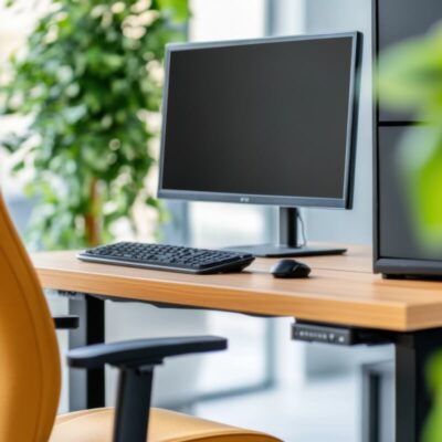 Biurko z monitorem i krzesłem stoi na metalowym stelażu do stołu.