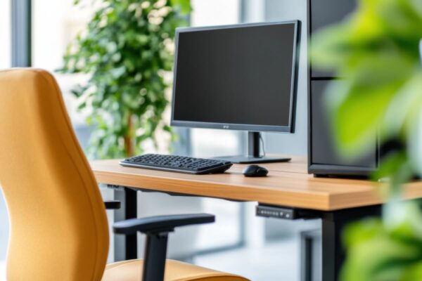 Biurko z monitorem i krzesłem stoi na metalowym stelażu do stołu.